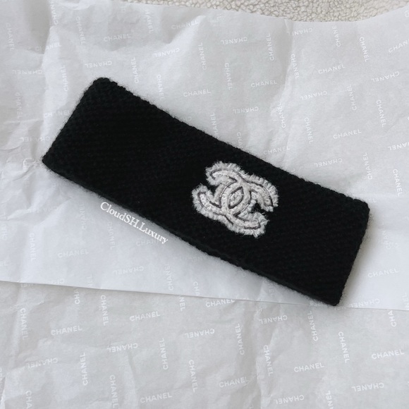 Auth Chanel CC Logo Black Knit Cashmere Headband - Picture 1 of 9